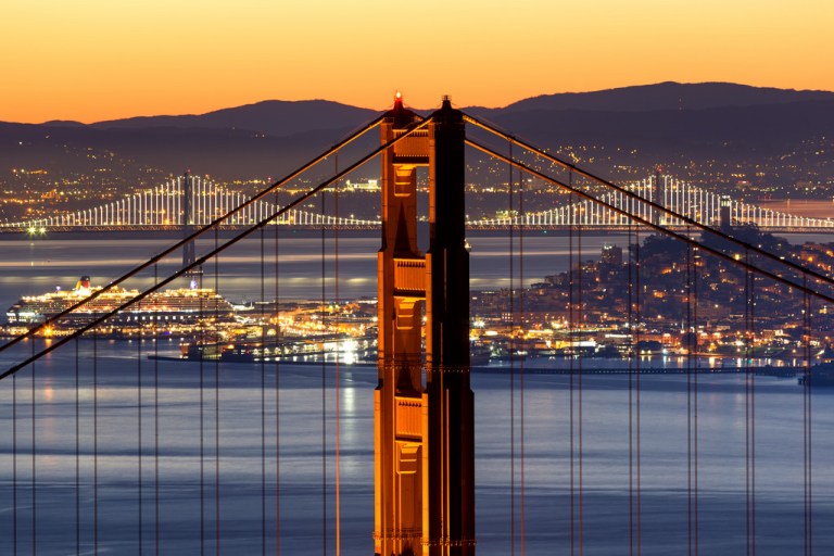 North Tower and Lit Up Bay Bridge